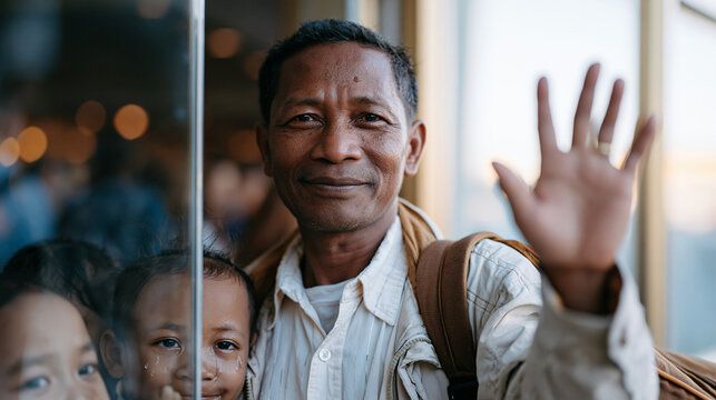 Filipino overseas worker waves goodbye at an airport departure gate, young children pressed against a glass barrier, faces wet, his work duffel over one shoulder, Labor Day