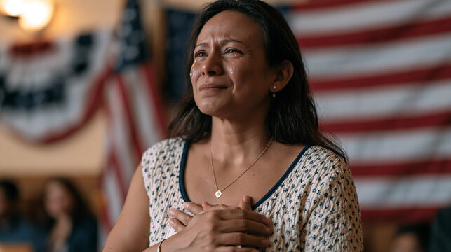 Naturalization ceremony moment captured just after oath, a newly sworn Salvadoran American woman presses her certificate against her chest with both hands, tears streaming freely,