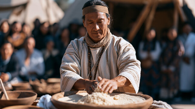 Heritage chef demonstrates the preparation of a fermented grain dish at a cultural food market, cooking demonstration drawing a crowd, the recipe explained through family oral