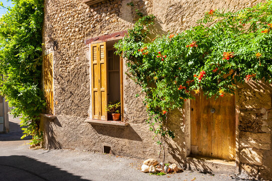 Old stone architecture on the cozy street in Valensole, Provence, France. Wooden door and window with green plants and flowers.
