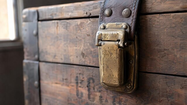 hasp. A heavy brass hasp fastened on the leather strap of an aged wooden crate. real-estate listings, architecture portfolios, designed for interior renovation comparisons for interiors.