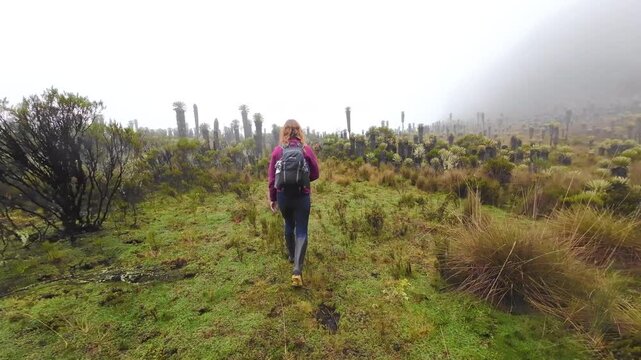 Woman walking through endemic frailejones Espeletia field on misty Andean volcanic slope of Nevado del Ruiz near Murillo, Colombia. Highland p&aacute;ramo landscape, cinematic nature footage.