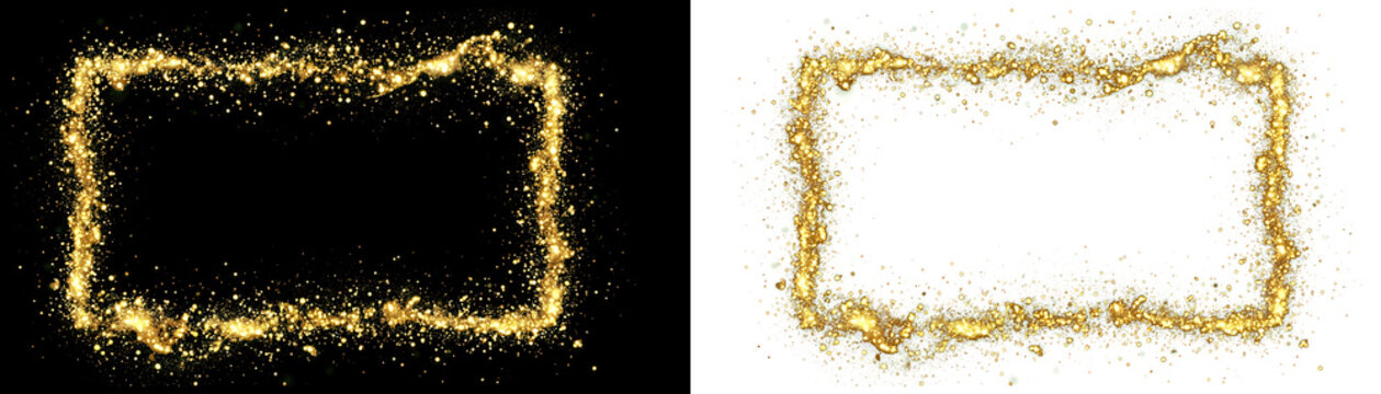 Golden grunge frames, rectangle borders, sparkly effects, black and white backgrounds