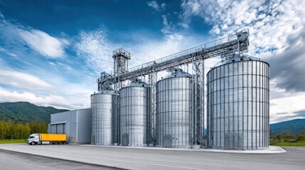 Obraz premium Grain storage silos with a truck on a sunny day
