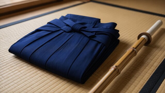 hakama. A neatly folded deep blue hakama and bamboo sword on tatami mat flooring. event programs, museum guides, designed for cultural heritage projects and event programs, supports education.