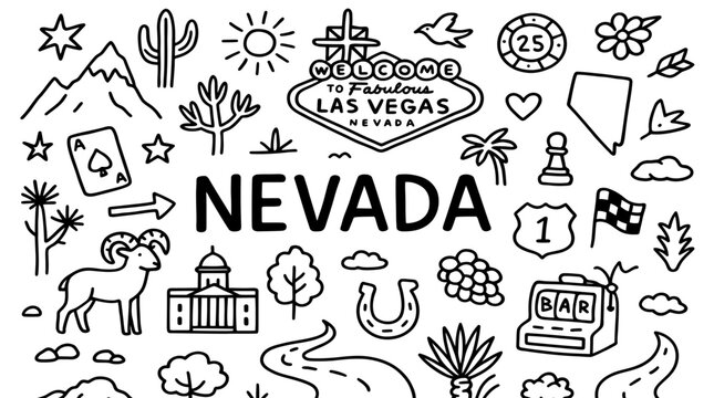 Nevada doodle illustration featuring Las Vegas sign, slot machine, ace card, capitol, ram, cactus, mountains, and cultural heritage icons
