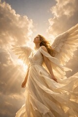 Naklejka premium Ethereal angelic figure in clouds.