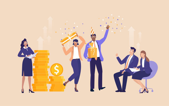 Business people throwing up confetti,  celebrating corporate event, public holiday, company anniversary, receiving a gists and bonuses.