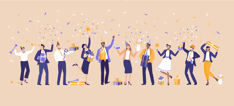 Business people throwing up confetti,  celebrating corporate event, public holiday, company anniversary, receiving a gists and bonuses.
