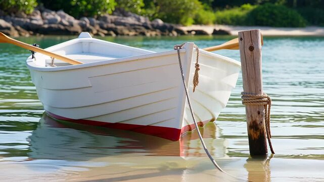 White Rowboat With Red Trim On Bottom Half Of Hull Anchored In Calm Waters Near Sandy Shore Boat Equipped Two Wooden Oars One