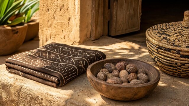 shea. Mud cloth fabric with shea nuts and woven basket, West African craft and natural decor. event programs, museum guides, designed for cultural heritage projects and event programs.