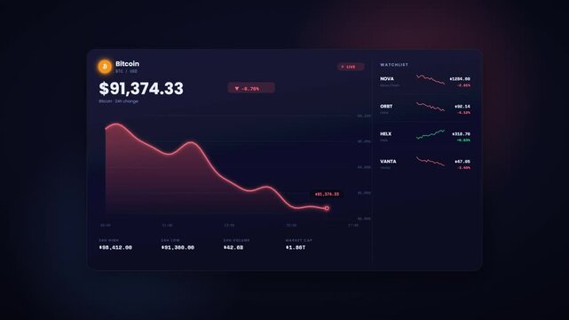 Cryptocurrency price chart animation showing declining market trend on dark trading dashboard