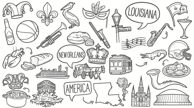 Louisiana doodle illustration featuring New Orleans icons, Mardi Gras beads, jazz music, cuisine, architecture, pelican, cathedral, and cultural heritage