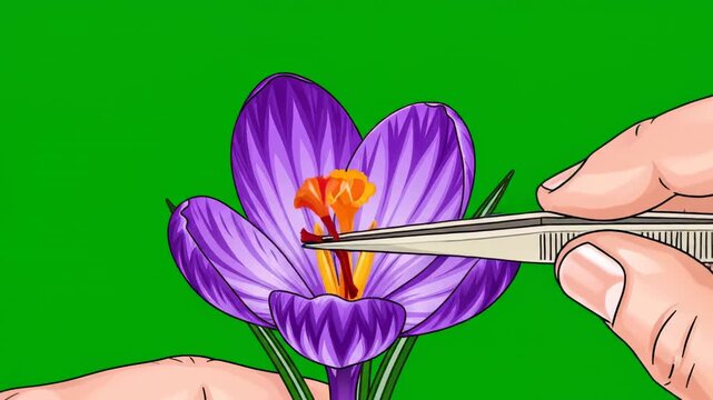 Saffron flower stigmas being carefully harvested with tweezers in bright studio lighting