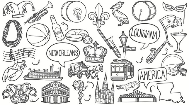 Louisiana doodle illustration featuring New Orleans icons, Mardi Gras beads, jazz music, cuisine, architecture, pelican, cathedral, and cultural heritage