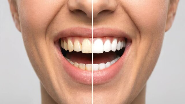 Woman smile showing teeth whitening before and after comparison. Yellow stained and clean white teeth split screen. Dental care and oral hygiene concept