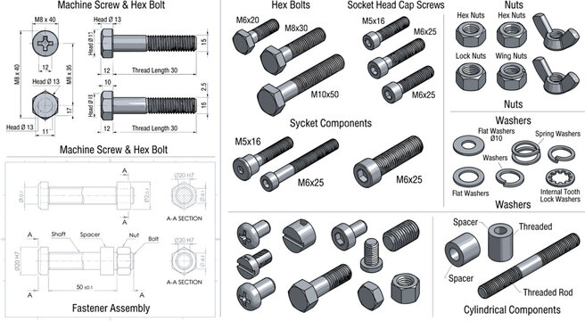Technical illustration of screws, bolts, nuts, washers, and cylindrical components with labeled dimensions and assembly drawings
