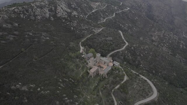 Aerial Drone Overhead Orbit Directly Above Sant Pere de Rodes Monastery, Costa Brava, Spain