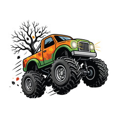 Monster Truck Jumping with Autumn Tree and Leaves off-road © marufaali2023