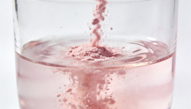Macro shot of pink supplement powder dissolving on water surface in a glass