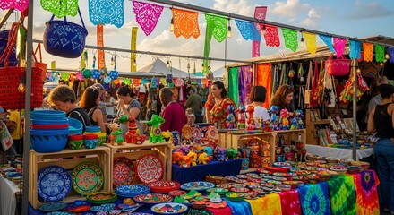 Naklejka premium Vibrant market stall displaying colorful crafts and decorative items