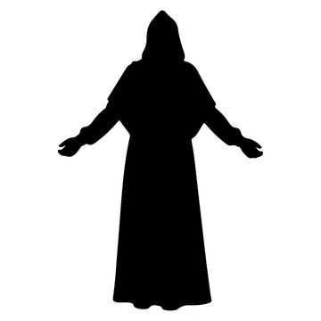 Silhouette of a hooded figure with arms outstretched.