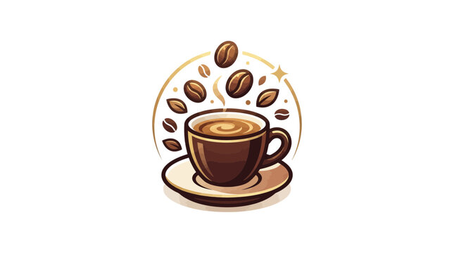 Aromatic Coffee Cup with Flying Beans and Swirling Steam, Golden Emblem