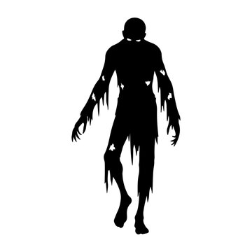 Silhouette of a terrifying zombie walking forward with tattered clothes and glowing eyes.