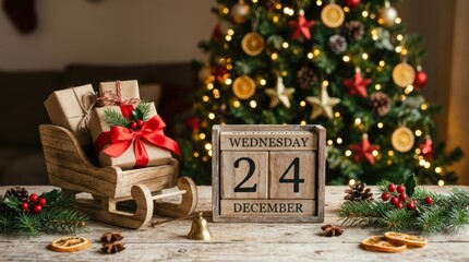 Christmas Eve Countdown: Wooden Calendar and Gifts Beside a Decorated Tree