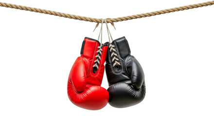 Pair of vintage boxing gloves hanging from rope isolated on transparent background © PNGCraft Studio