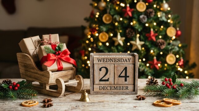 Christmas Eve Countdown: Wooden Calendar and Gifts Beside a Decorated Tree