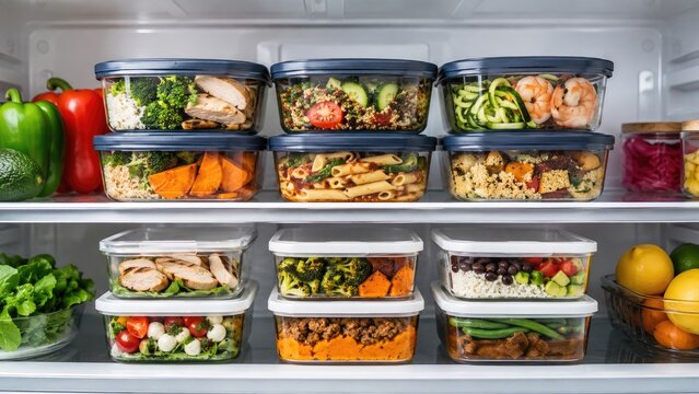 Stacked glass meal prep containers in a fridge filled with assorted healthy prepared meals and fresh vegetables