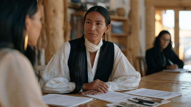 Heritage craft fair organizer meeting with a cooperative of indigenous bead workers to negotiate fair royalty terms for a luxury retail licensing deal, documents and sample