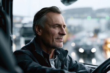 Obraz premium A mature truck driver peacefully navigates through rainy traffic, capturing a moment of serenity amid the chaos found in urban transportation environments.
