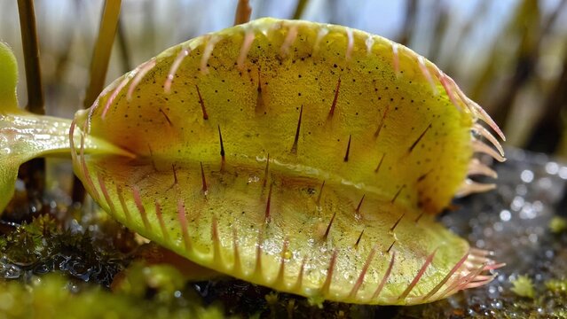 flytrap. A Venus flytrap with its sealed leaf chamber in a swamp, macro view. gardening catalogs, home-decor guides, designed for home decor and floral branding, used by sales representatives.