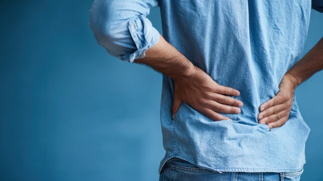 Back Pain Discomfort: A close-up of a man holding his lower back, grimacing in discomfort from a sudden onset of back pain, highlighting the struggle with physical ailment.