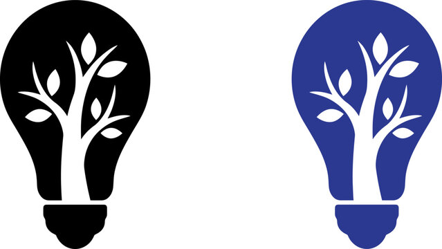 Black and purple light bulb icons with a white tree growing inside representing nature