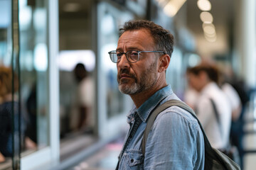 Obraz premium This image captures a thoughtful man standing in an airport terminal, reflecting on his journey as people bustle around him, evoking a sense of introspection and travel.