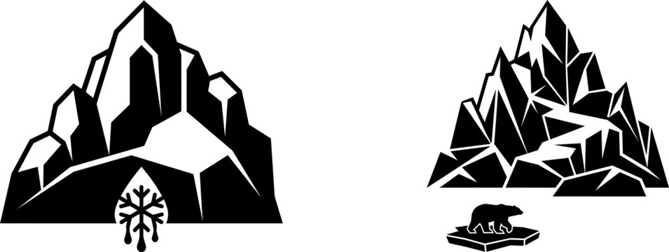 Mountain cave with snowflake and polar bear on ice floe vector silhouettes