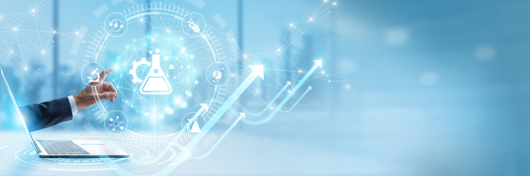 Businessman touching virtual interface with biotechnology and advanced genetic engineering networking. Biomedical research development, pharmaceutical innovation lab, life sciences data analysis