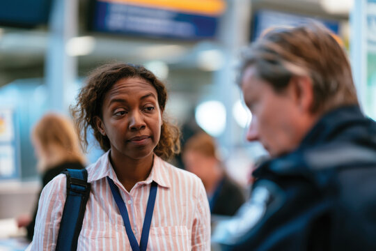 A woman engages with an airport officer, expressing concern contrasted with the efficiency of airport operations, capturing a moment of interaction in the terminal.