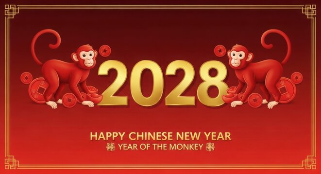 Happy chinese new year 2028 with monkeys illustration