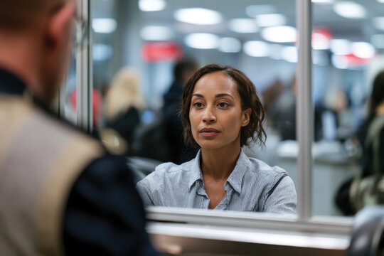 A woman attentively interacts with a service provider at a counter, illustrating the significance of communication and engagement in service-oriented environments.