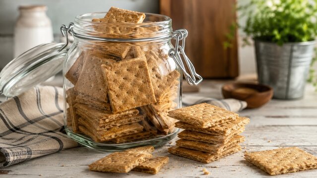 Stacked square graham crackers in a glass jar on a rustic wooden table with crumbs, a linen towel and potted plant, styled for a cozy kitchen snack scene
