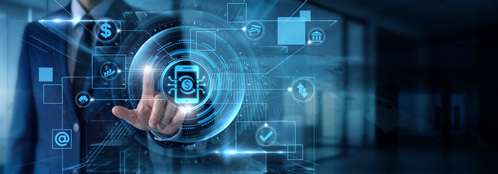 FinTech Specialist touching Digital payments data and secure contactless transaction, mobile wallet money transfer, electronic billing gateway, online merchant processing.