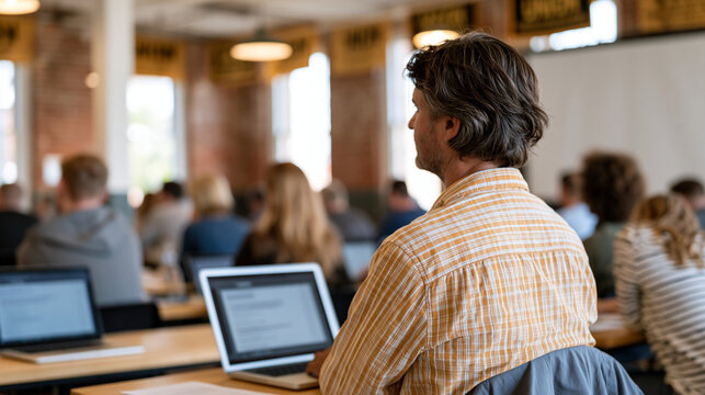 Coal workers in a small industrial town attending a retraining workshop inside a repurposed mill building, sitting at tables with laptops open to renewable energy technician