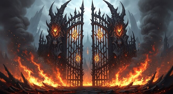 Ornate with Burning Gates of Hell  Fantasy Landscape, Fiery Inferno, Dark, Scary, and Spooky.