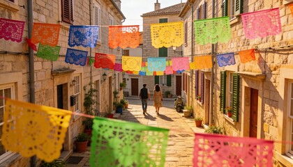 Fototapeta premium Walking couple strolling down sunlit alley, wearing sundress and cap, with papel picado banners
