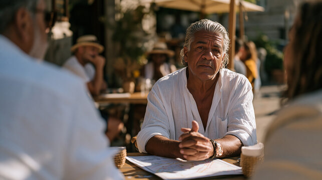 A Brazilian-born restaurant owner negotiates a lease renewal at a corner table with a property manager, a neighborhood map between them showing rising rents, regulars seated at