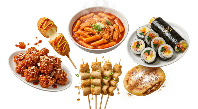 Assortment of Traditional Korean Street Food Featuring Tteokbokki Gimbap Korean Fried Chicken Corn Dog Fish Cakes